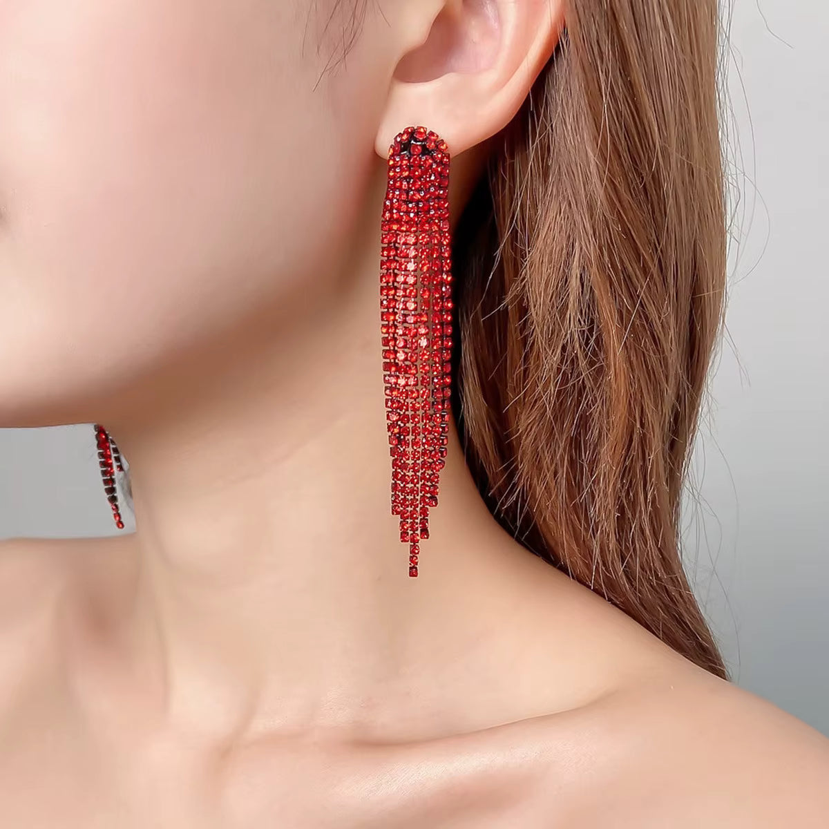 Vegas Luxury Brass Drop Earrings Set Red