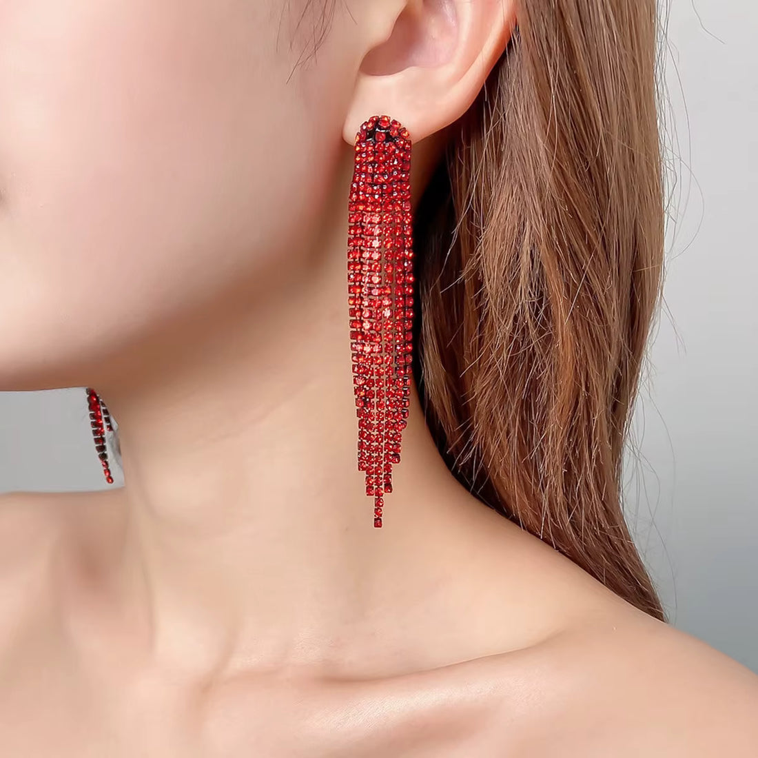 Vegas Luxury Brass Drop Earrings Set Red
