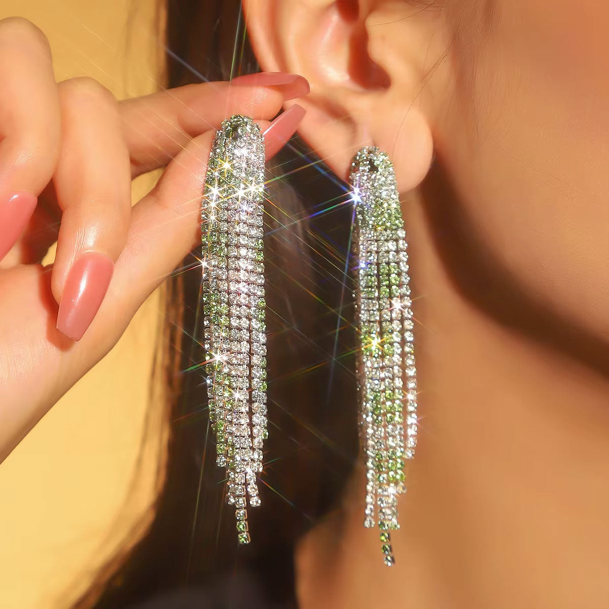Vegas Luxury Brass Drop Earrings Set Sapphire Green